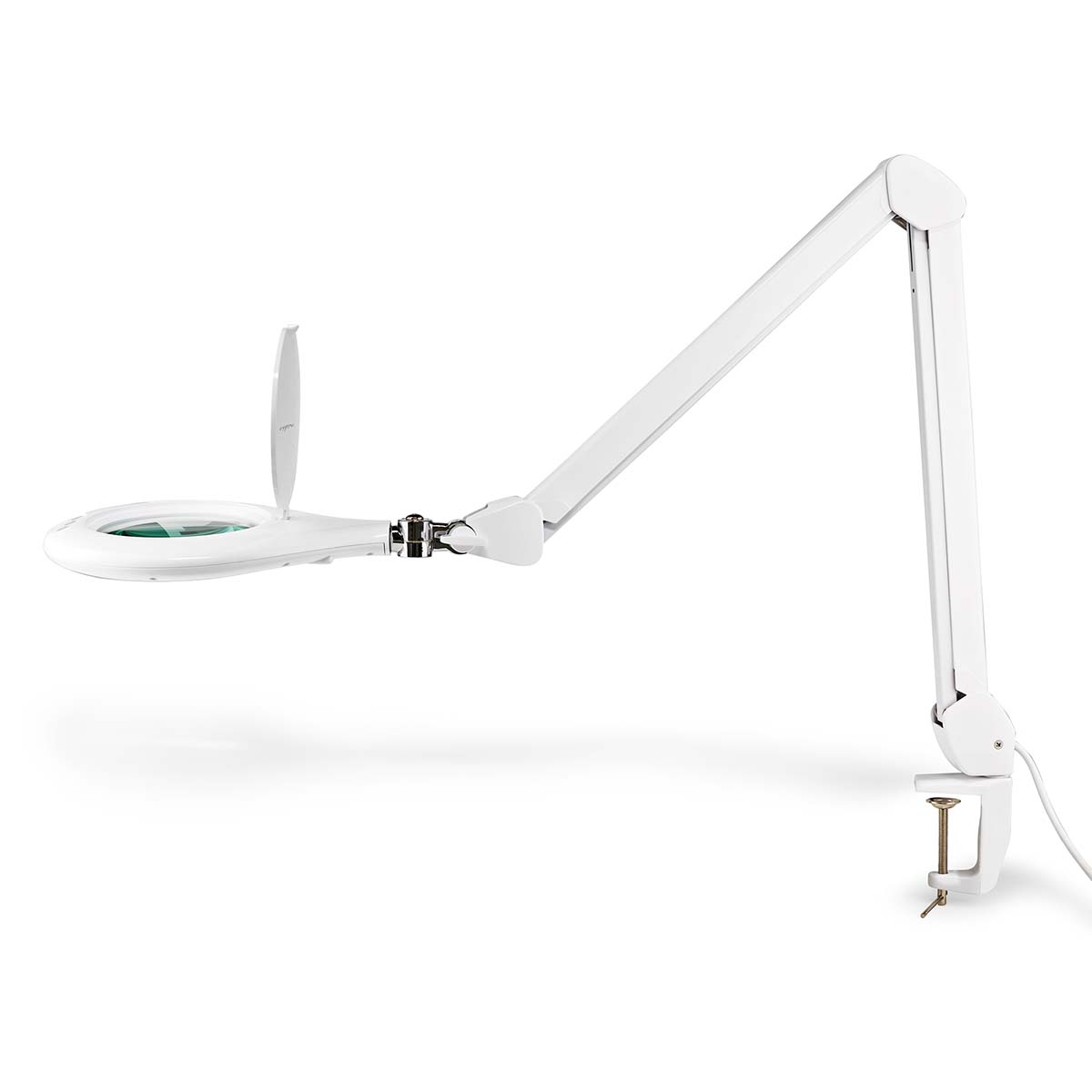 A white desk lamp with a magnifying glass and adjustable arm on a white background.