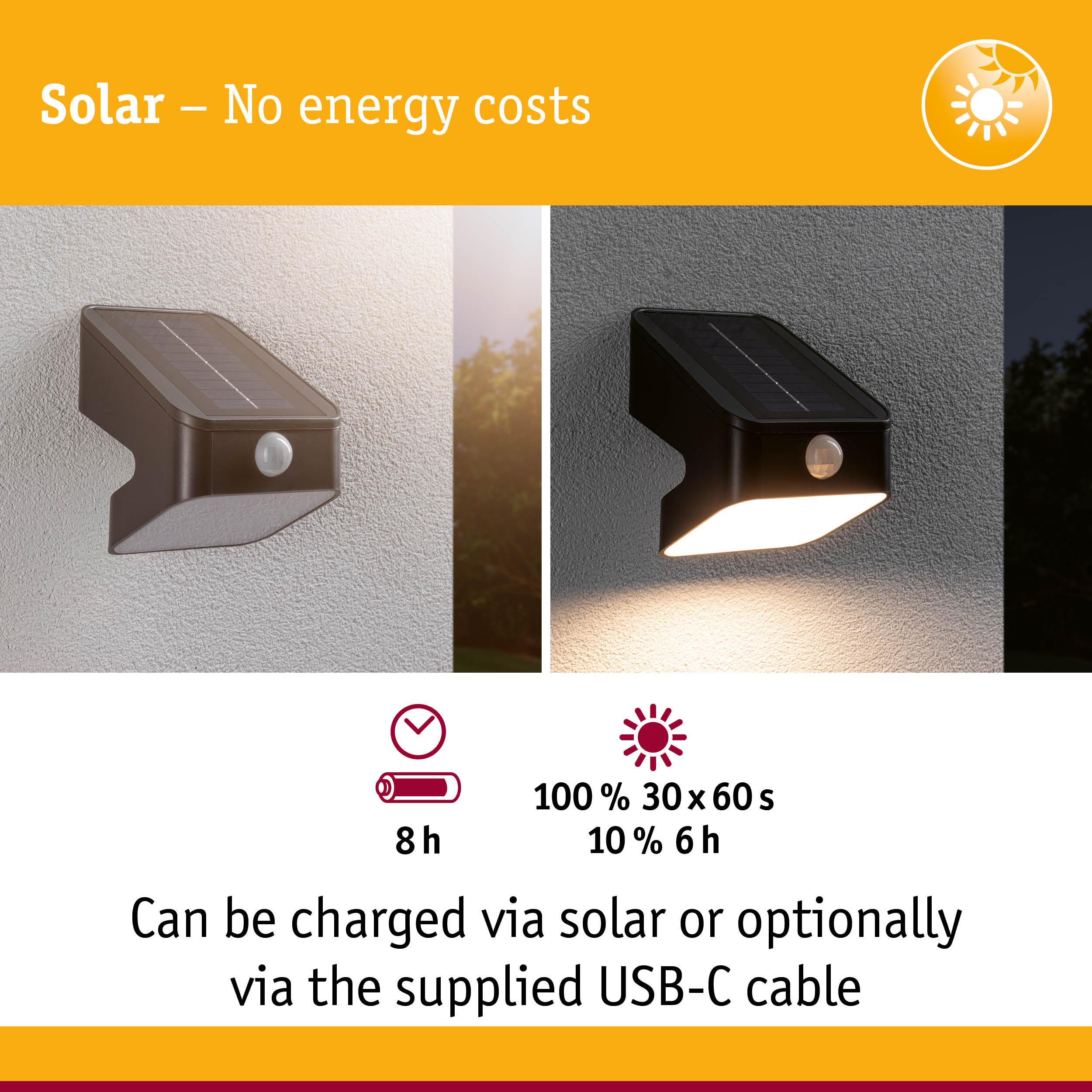 Lampa solarna pokazana w dzień i w nocy. Wskaźnik ładowania.