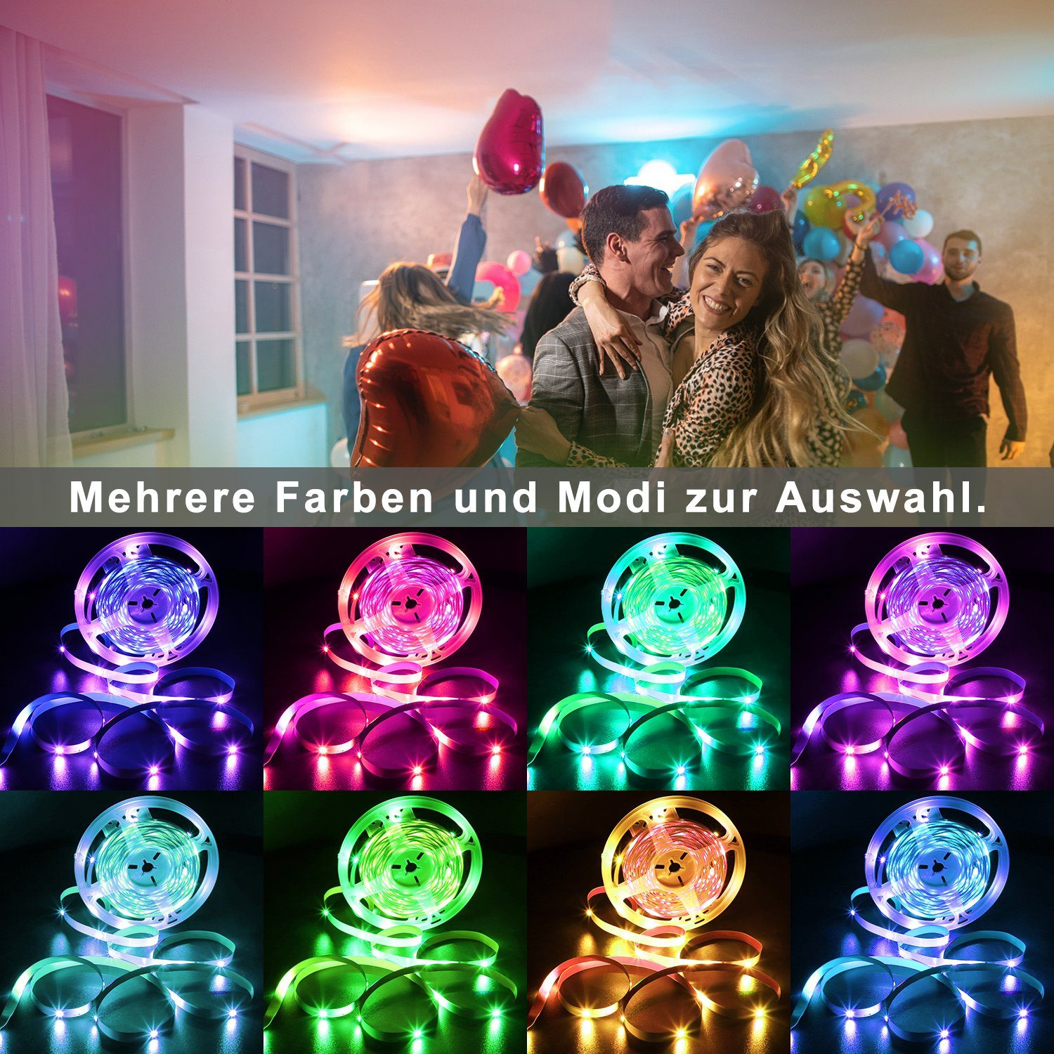 Festa con luci colorate e strisce LED di vari colori.