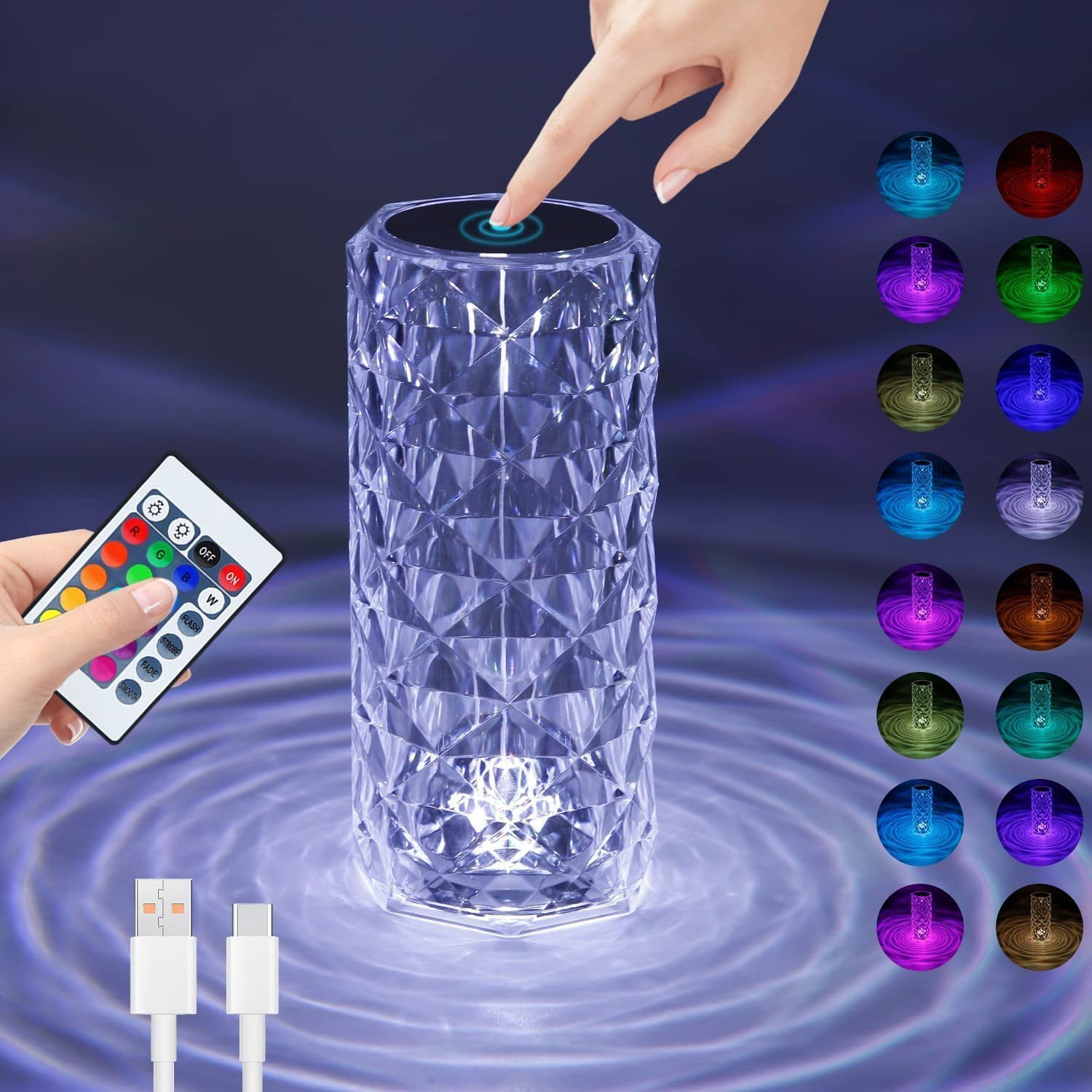 Lampada di cristallo con telecomando e cavo USB, mostra molti colori.