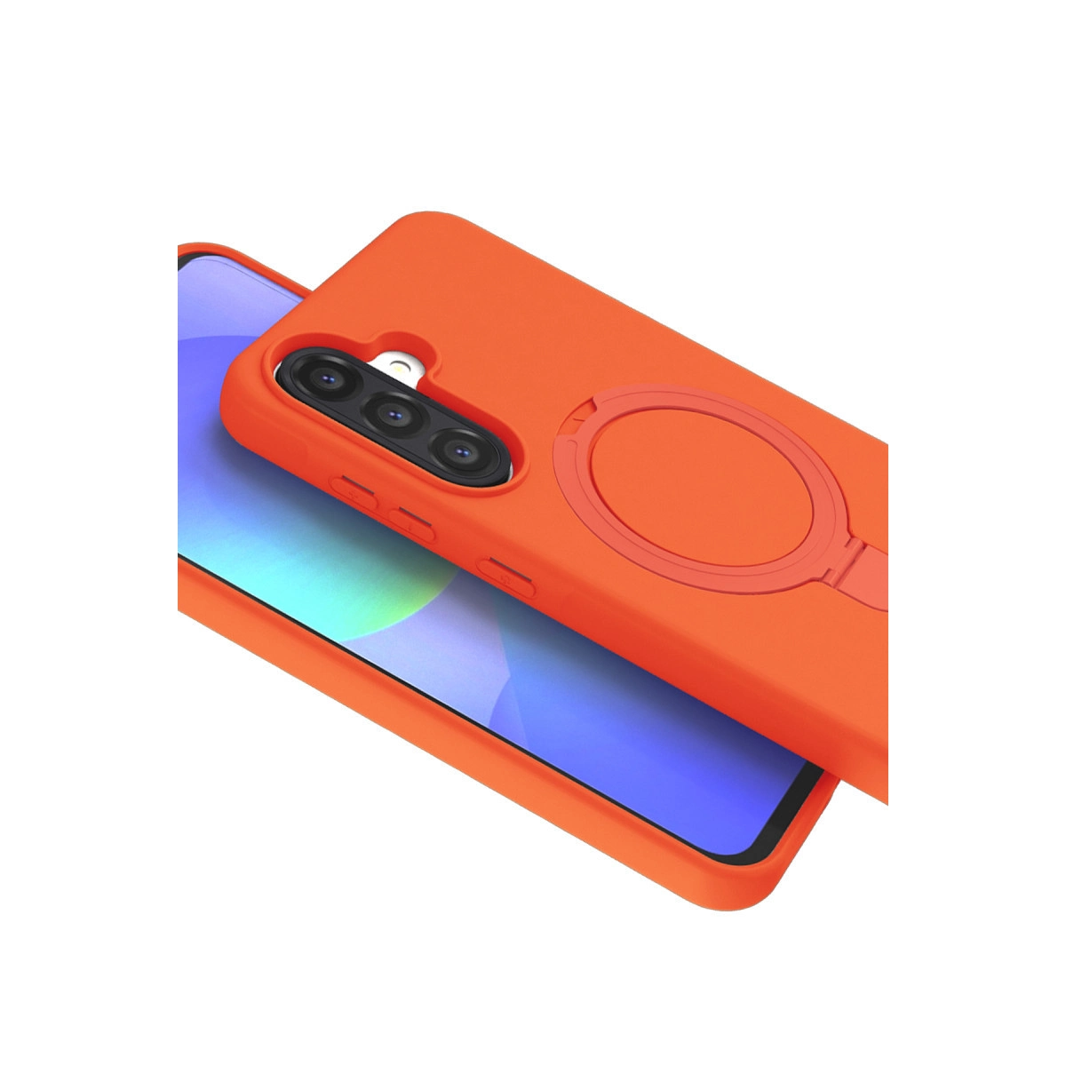 Halka tutuculu ve kamera modüllü turuncu telefon kılıfı.