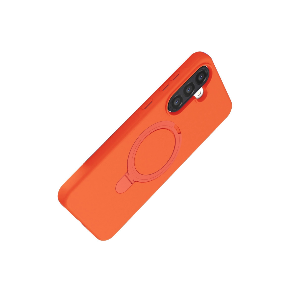 Üç kamera lensli ve halka tutuculu turuncu telefon kılıfı.