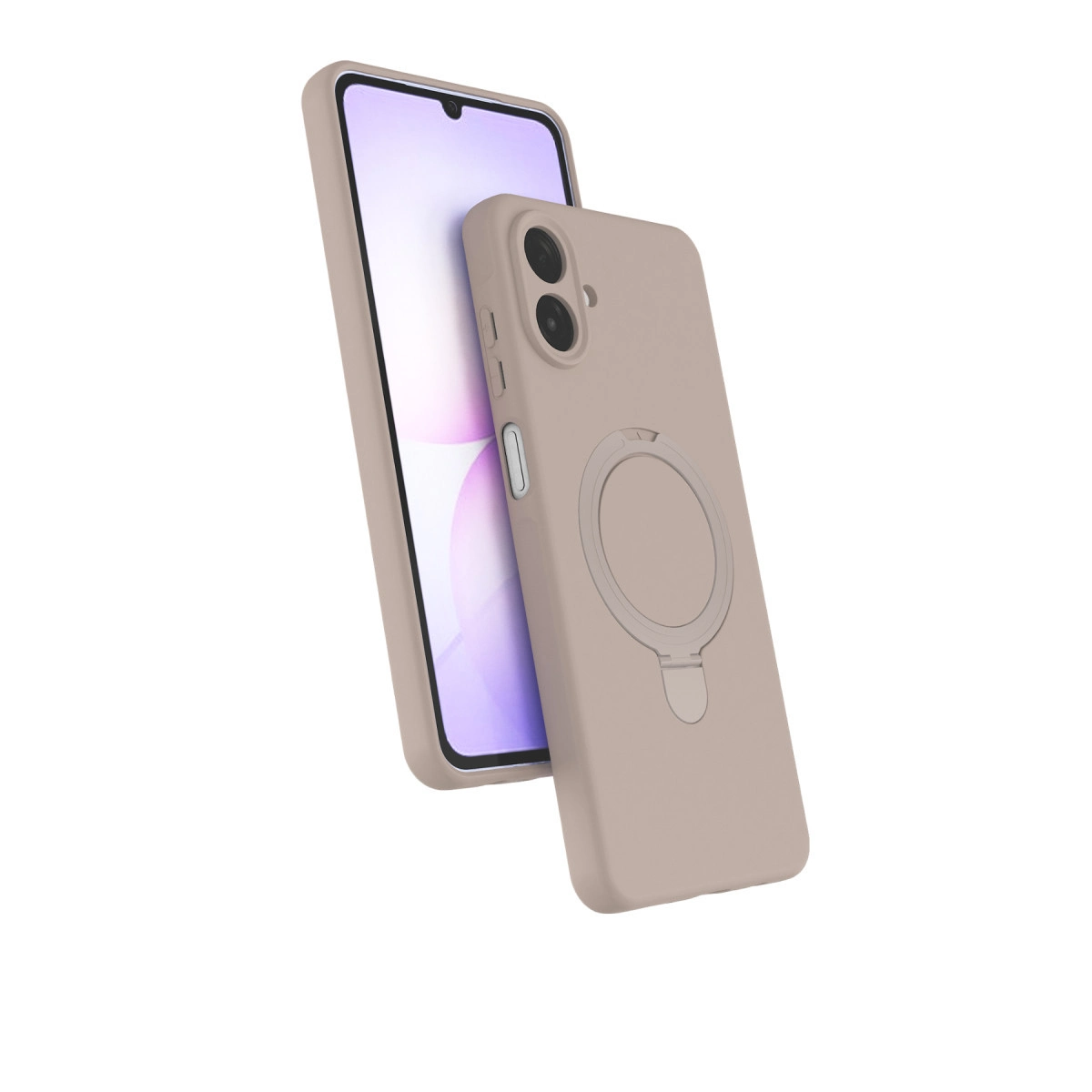 Halka tutuculu bej telefon kılıfı bir akıllı telefonun üzerinde duruyor.