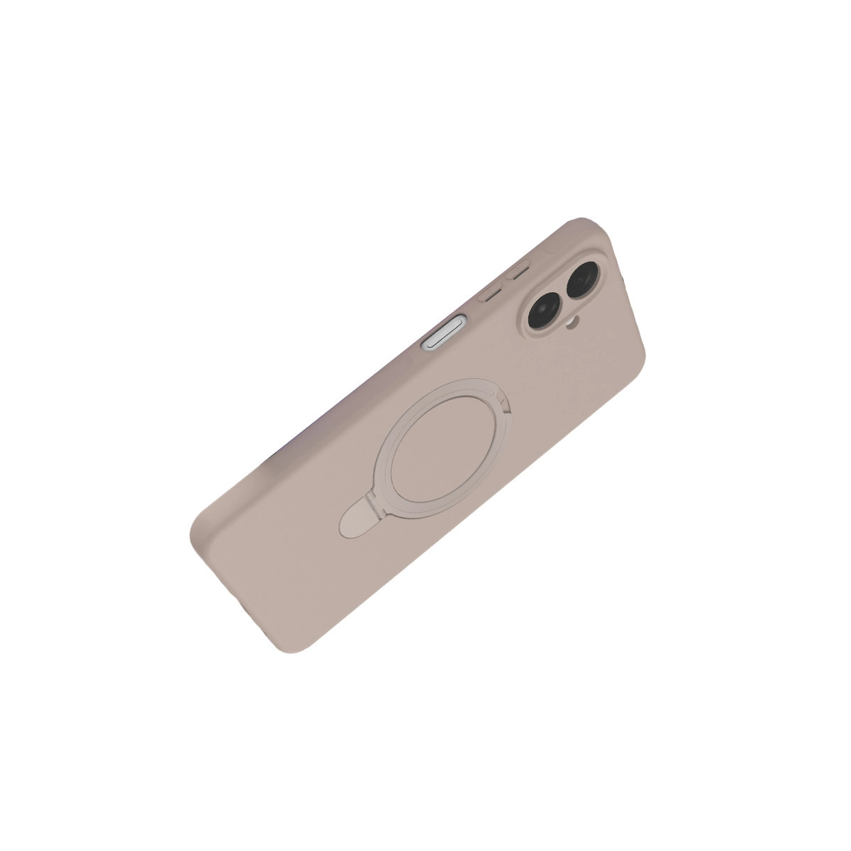 Beyaz arka plan üzerinde halka tutuculu ve kamera modüllü bej telefon kılıfı.