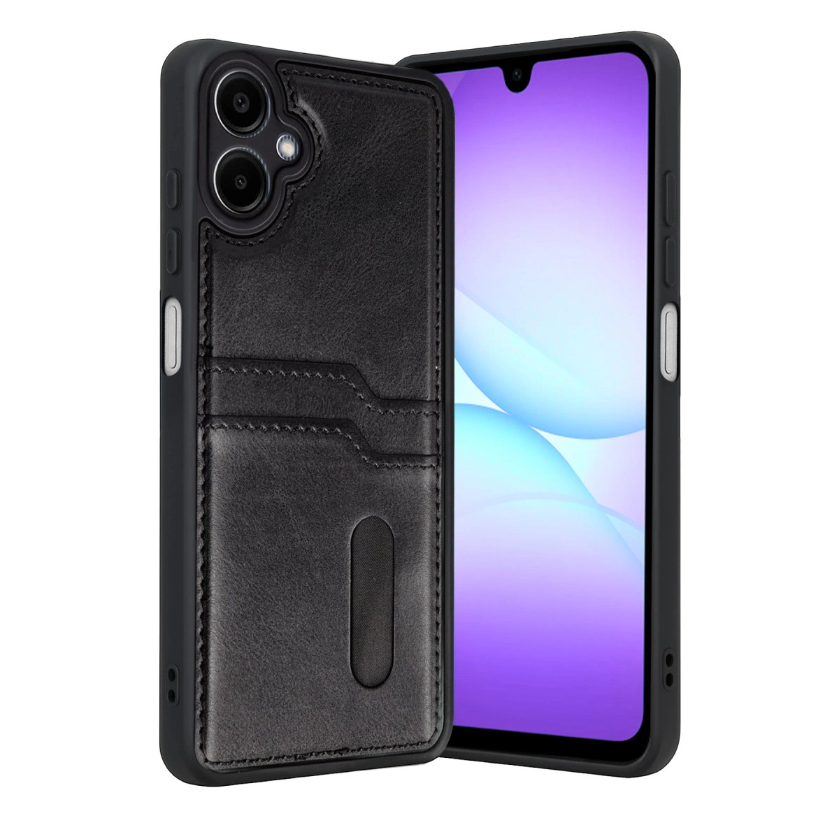 Deri kılıflı ve kart yuvalı siyah telefon, mor arka plan.