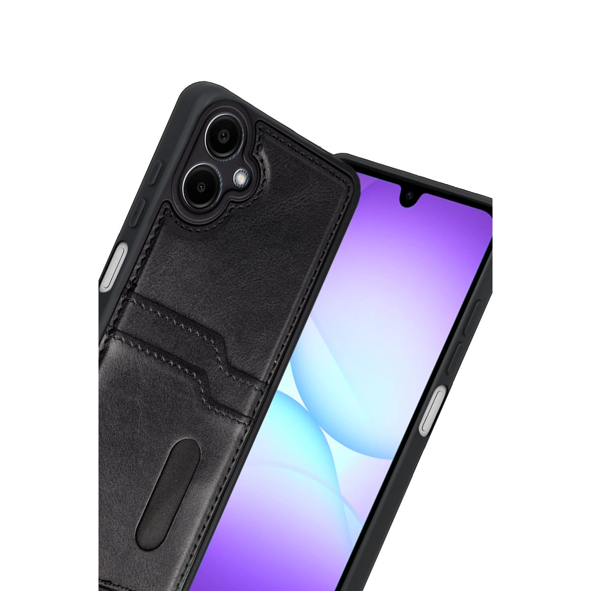 Mor arka planlı akıllı telefonda kart yuvaları ve kamera modülü bulunan siyah telefon kılıfı.