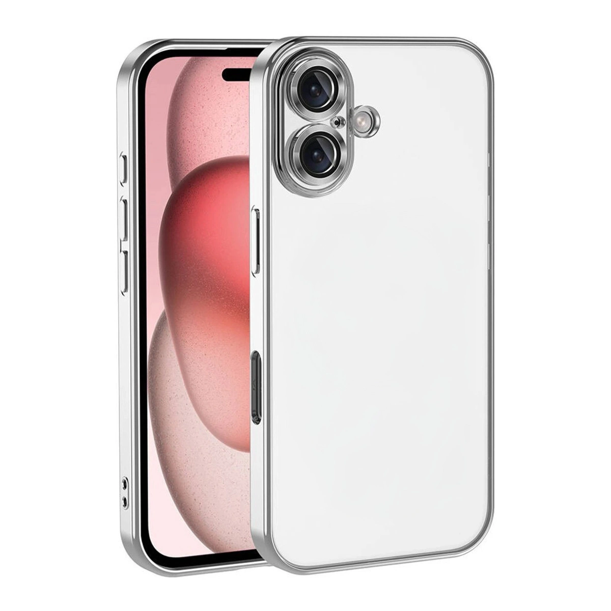 Akıllı telefonu koruyan gümüş kenarlı şeffaf telefon kılıfı.