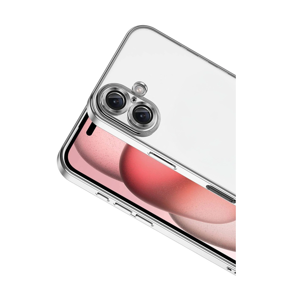 Gümüş kenarlı şeffaf telefon kılıfı iki kamera gösteriyor.