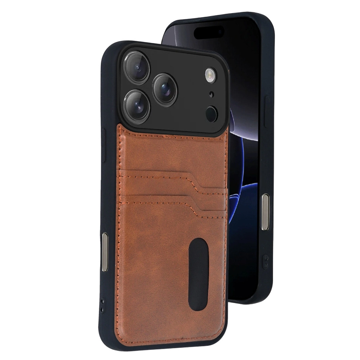 NEWFACE iPhone 17 Pro Uyumlu Sara Kartvizitli Deri Telefon Kılıfı Taba