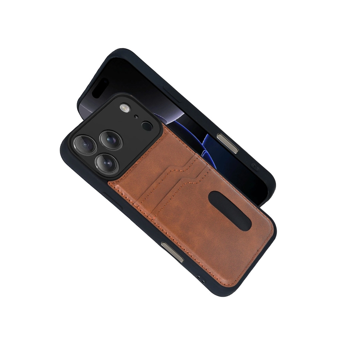 Kahverengi deri cüzdanlı ve kart yuvalı siyah iPhone.