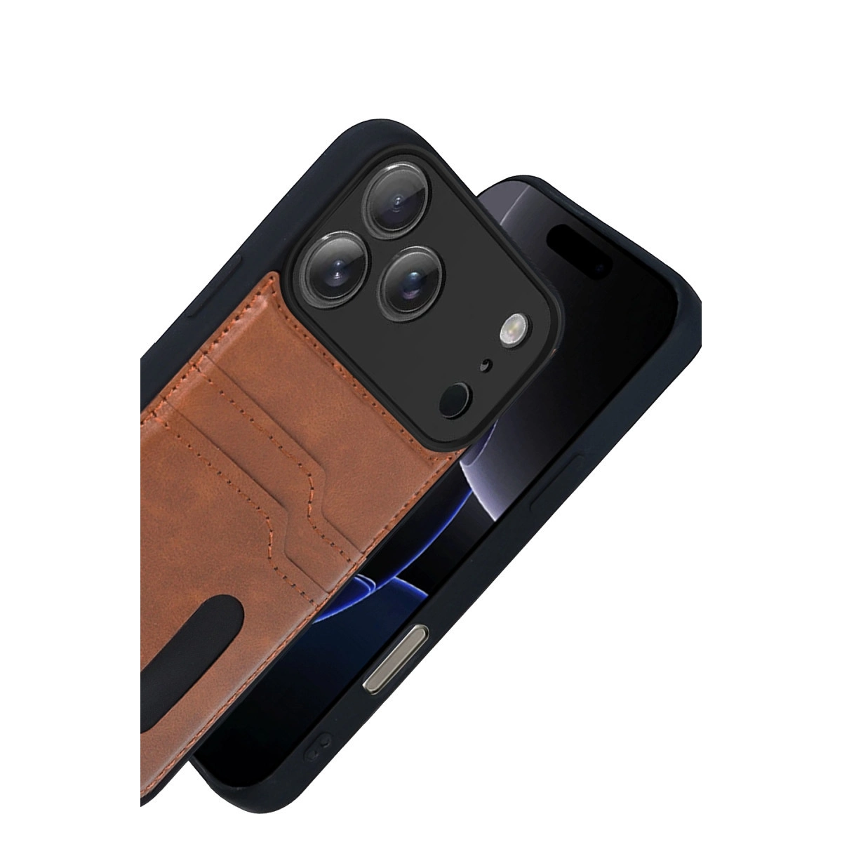 Siyah çerçeveli, üç lensli kahverengi cüzdan telefon kılıfı.