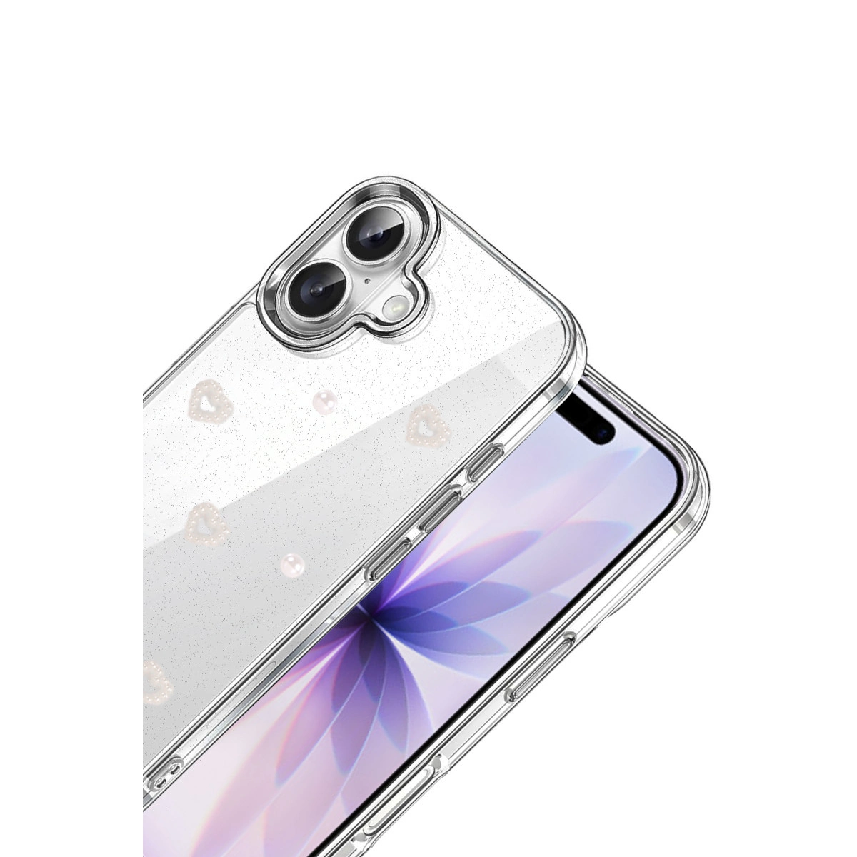 Kalp ve incili şeffaf telefon kılıfı, akıllı telefon ekranını gösterir.