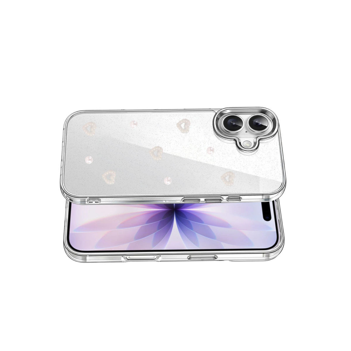 Akıllı telefonda kalp ve inci detaylı şeffaf telefon kılıfı.