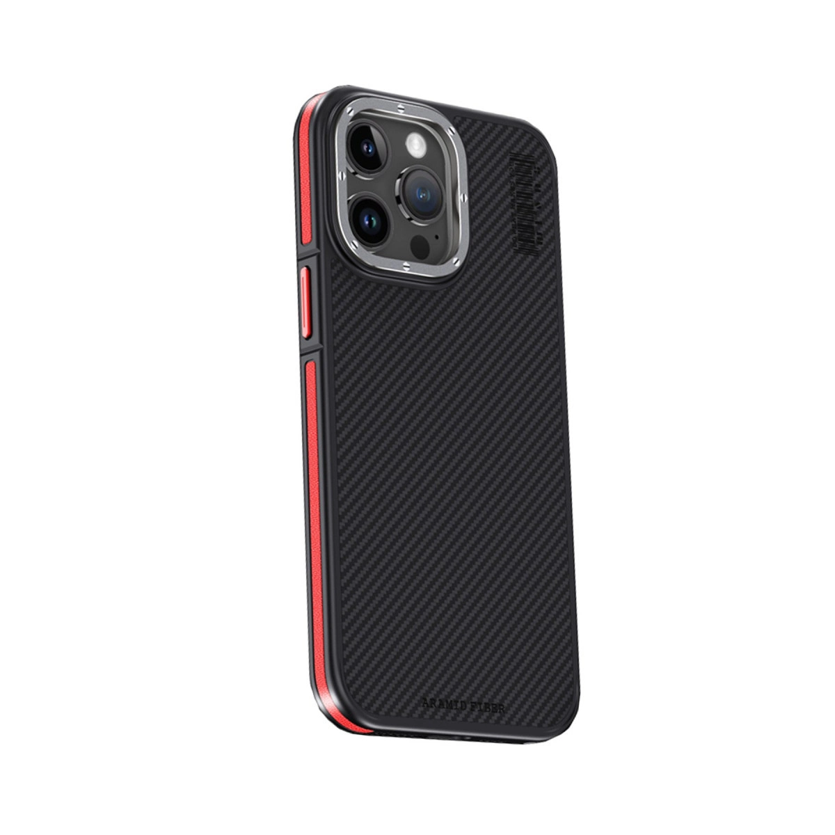 Karbon fiber dokulu siyah telefon kılıfı, kırmızı süslemeli, kamera kesimli.