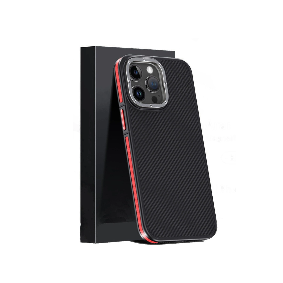 Siyah karbon desenli telefon kılıfı, kırmızı vurgularla siyah kutunun yanında.