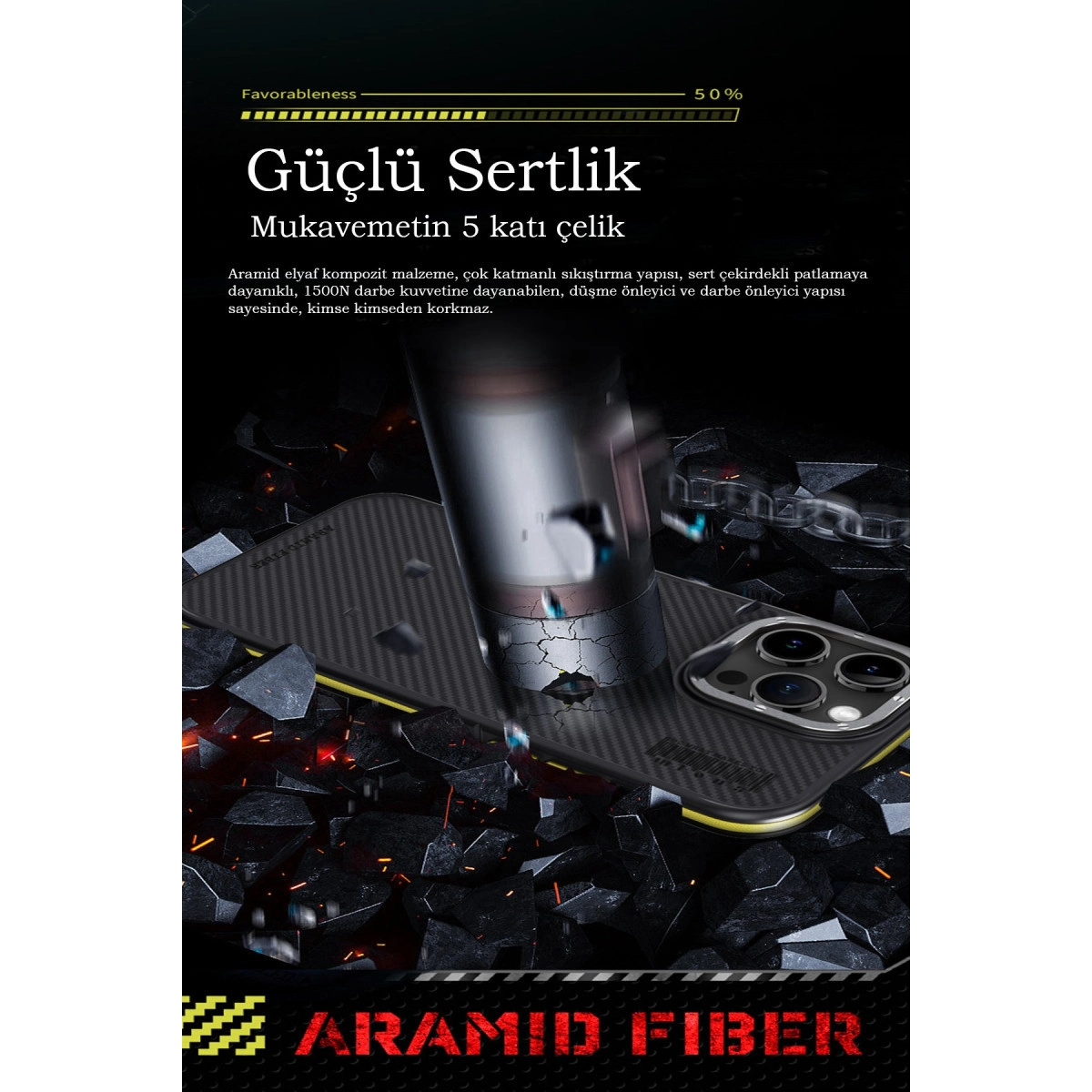 Aramid elyaftan yapılmış akıllı telefon kılıfı metal silindir tarafından eziliyor.