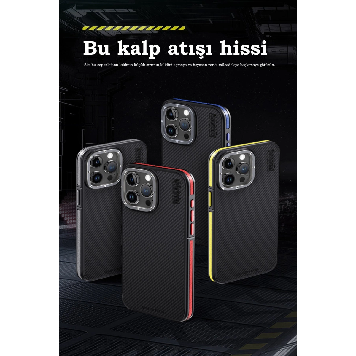 Karbon fiber dokulu dört telefon kılıfı: siyah, kırmızı, mavi, sarı.