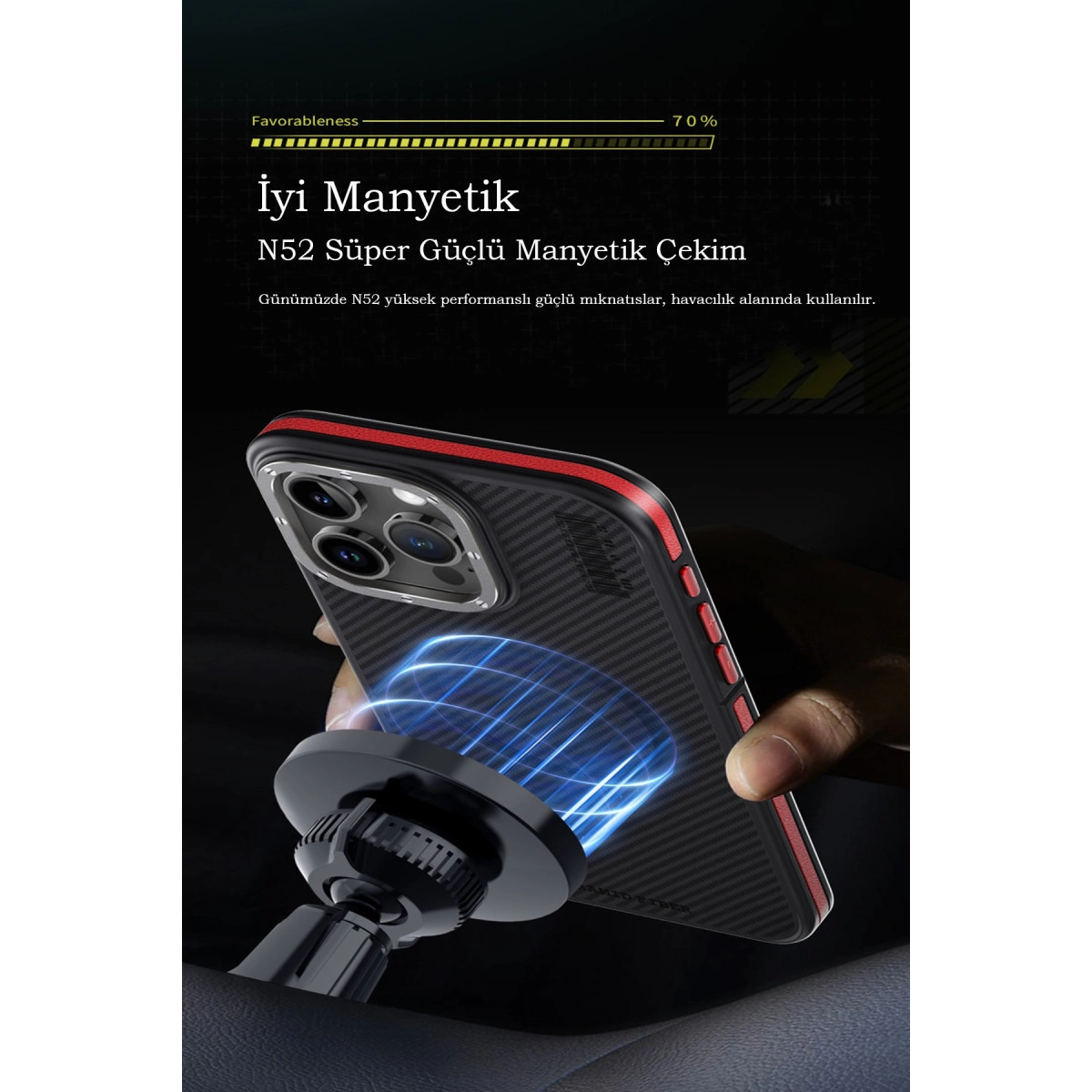 Siyah karbon desenli kılıflı telefon mıknatısla tutuluyor.