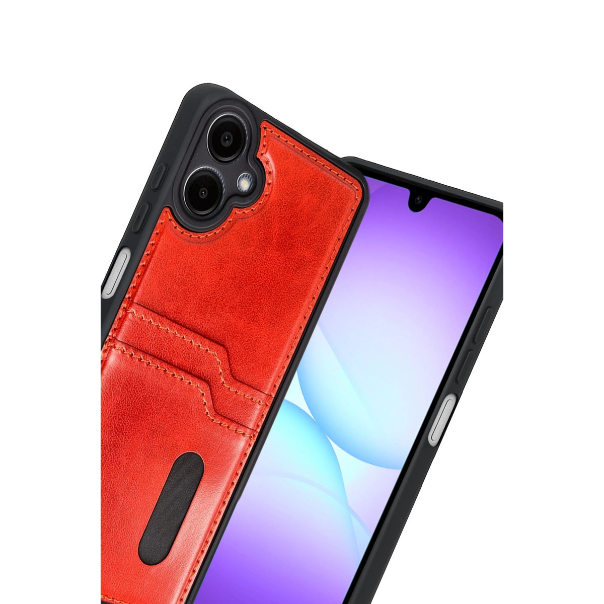 Arkada kart yuvaları ve kameraları olan kırmızı telefon kılıfı, bir akıllı telefonun yanında.