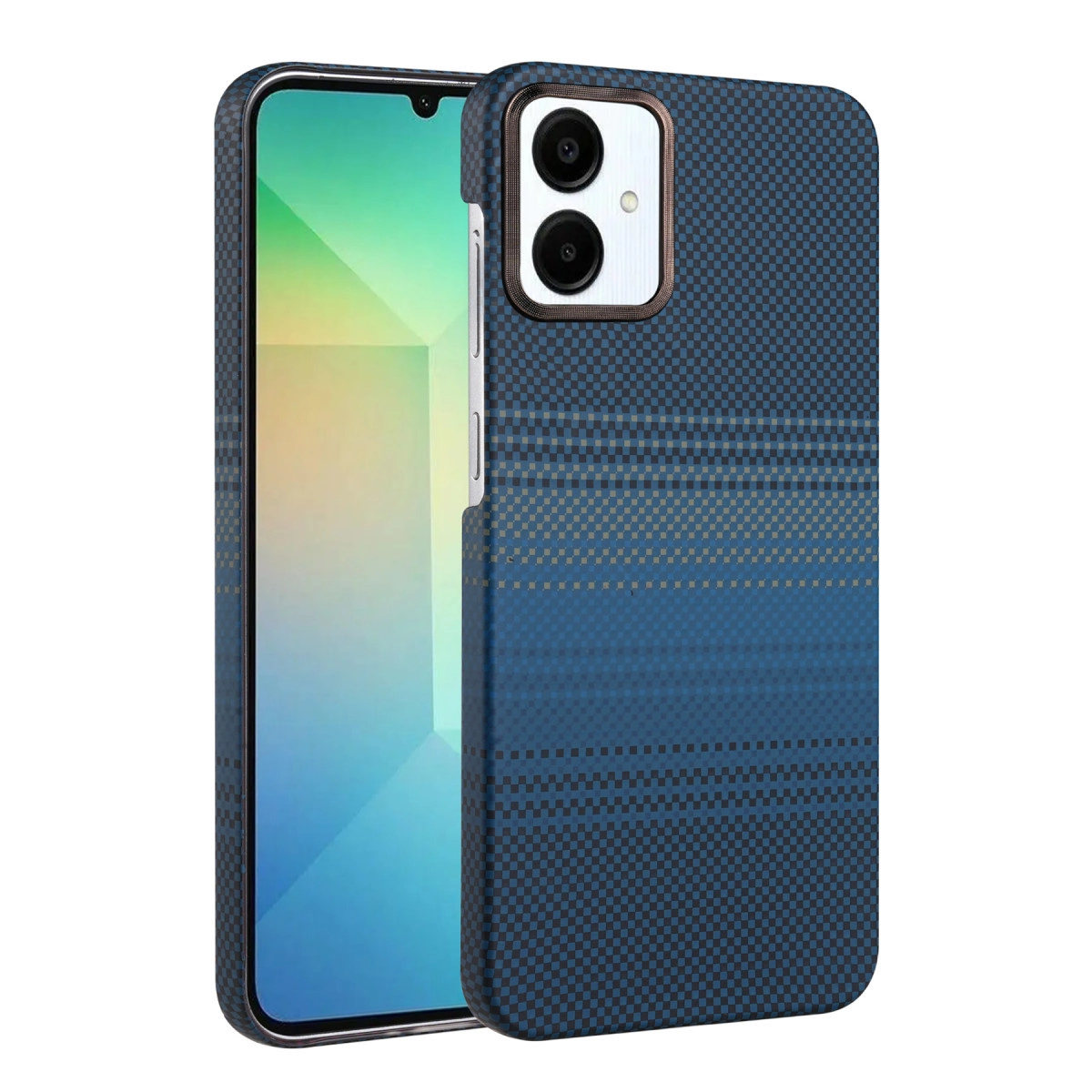 Kareli kılıflı koyu mavi telefon ve çift kamera lens ünitesi.