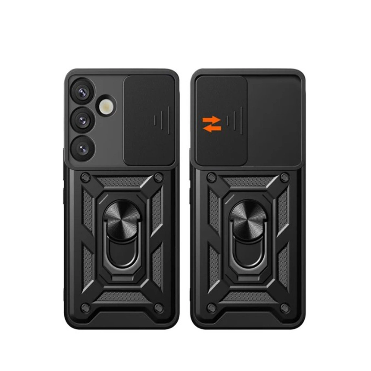 Kamera korumalı ve halka tutuculu iki siyah telefon kılıfı yan yana.