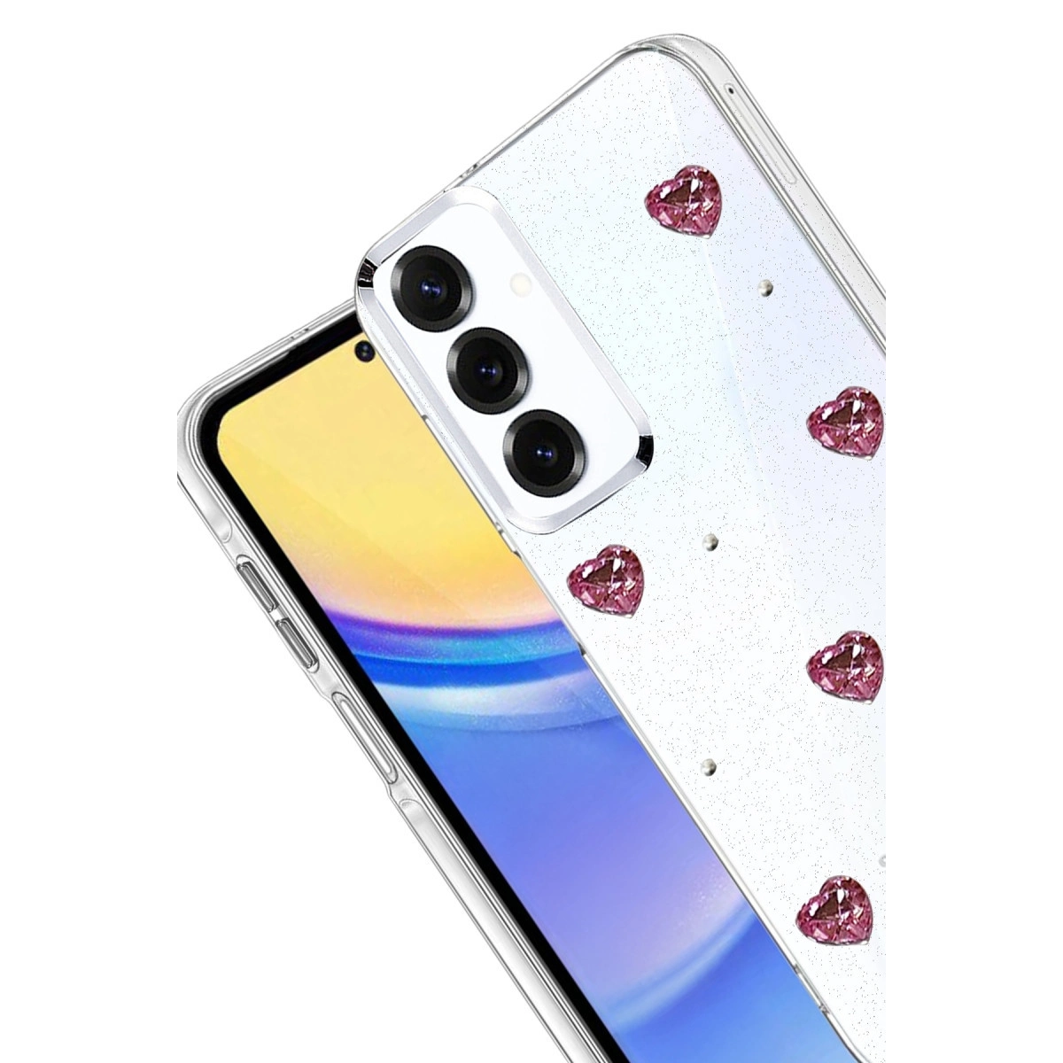 Beyaz arka plan üzerinde simli ve pembe kalpli şeffaf telefon kılıfı.