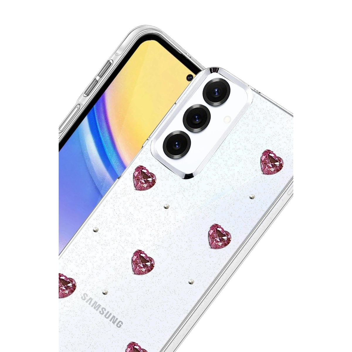 Pembe kalp şeklinde değerli taşlar ve simlerle süslü şeffaf telefon kılıfı.