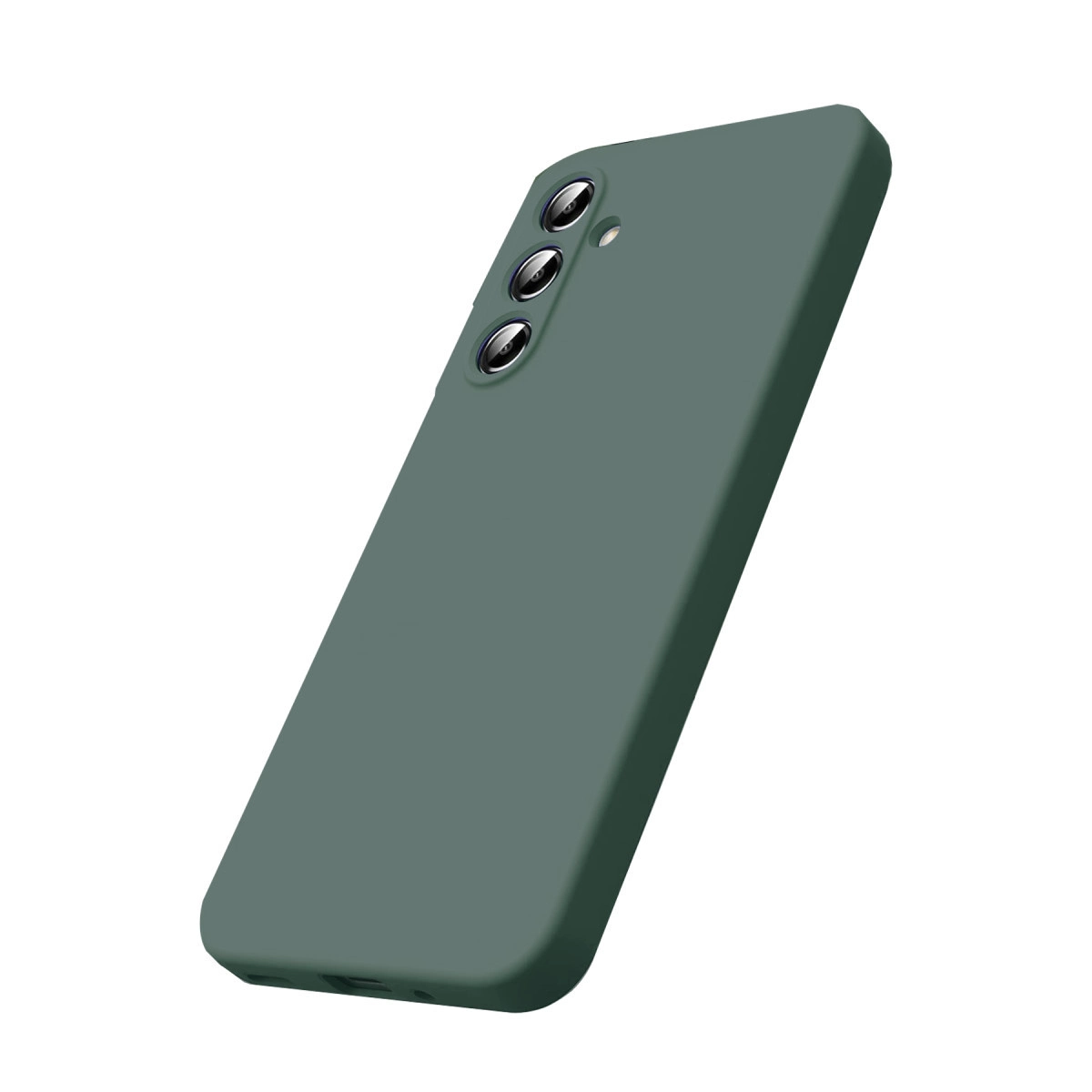 Üçlü kamera kesimli koyu yeşil telefon kılıfı beyaz arka planda gösteriliyor.