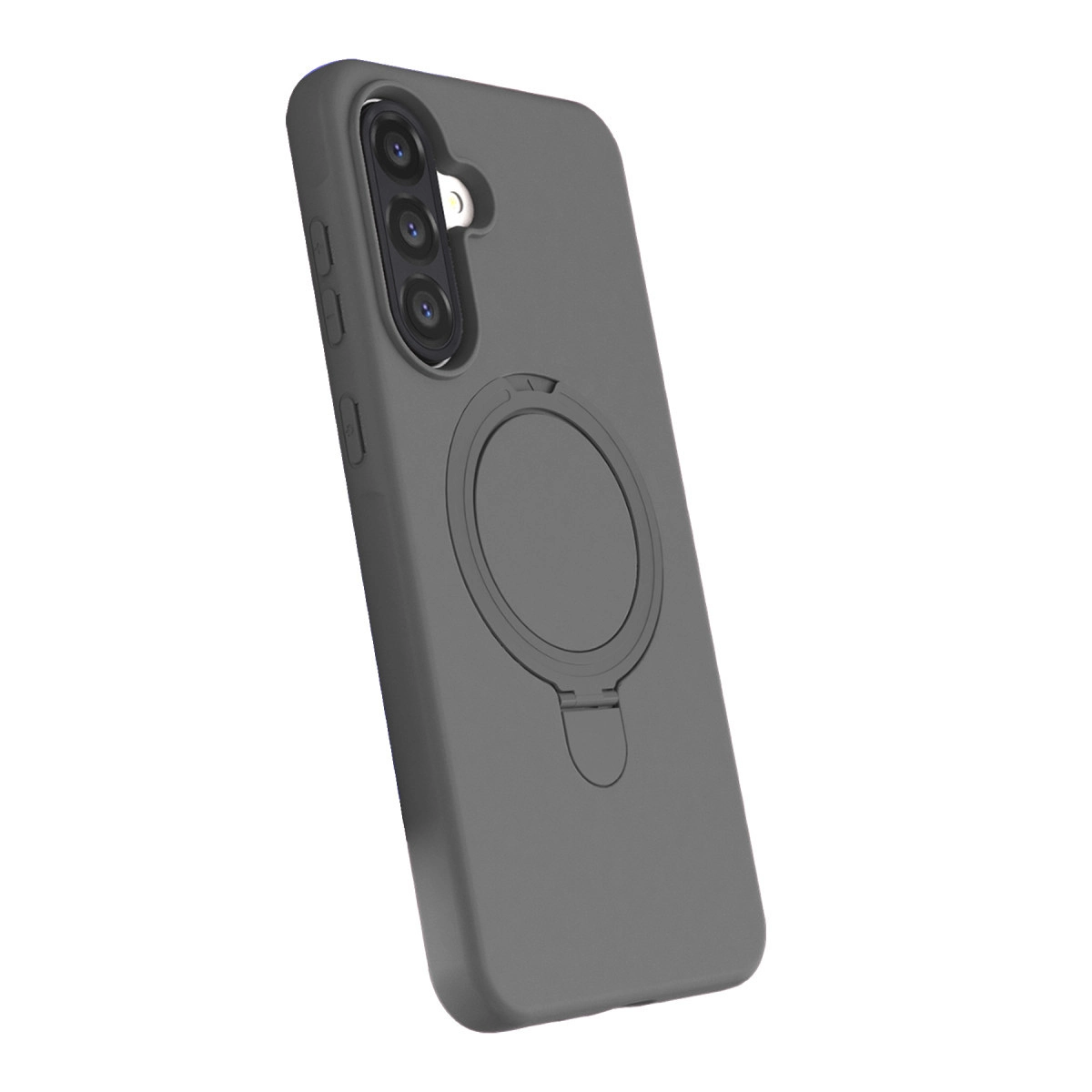 Halka tutuculu ve üçlü kamera çıkıntılı gri telefon kılıfı.