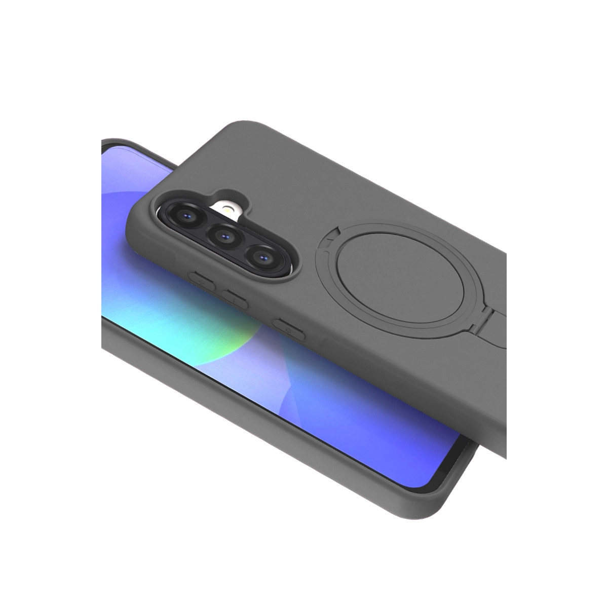 Mavi ekranlı akıllı telefonda halka tutuculu gri telefon kılıfı.