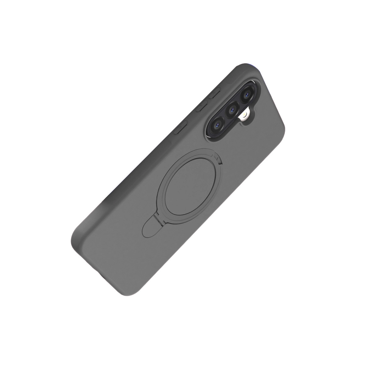 Arkada halka tutuculu ve üç kamera lensli gri telefon kılıfı.