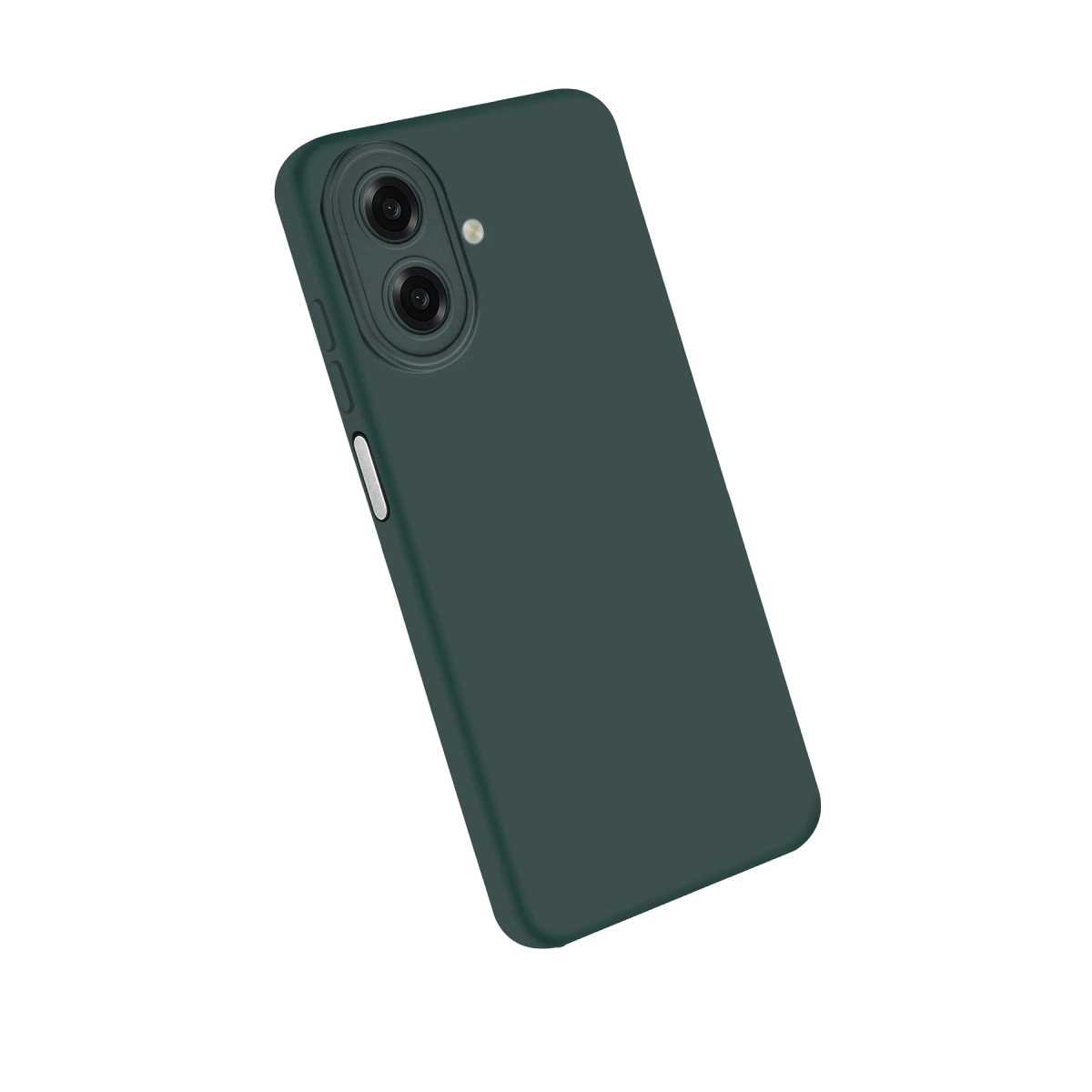 Koyu yeşil telefon, iki kamera ve flaşlı, beyaz arka plan üzerinde.