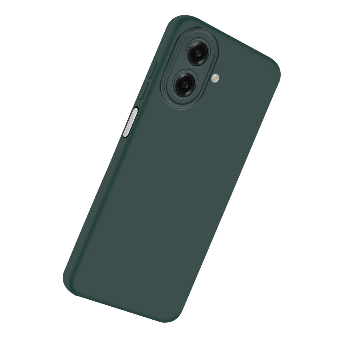 Çift kameralı ve flaşlı koyu yeşil telefon kılıfı.