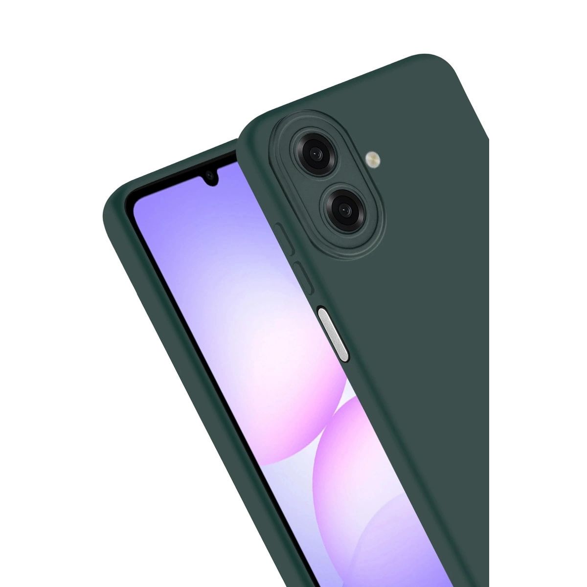 Kamera modülü ve kısmi ekranı olan koyu yeşil telefon kılıfı.