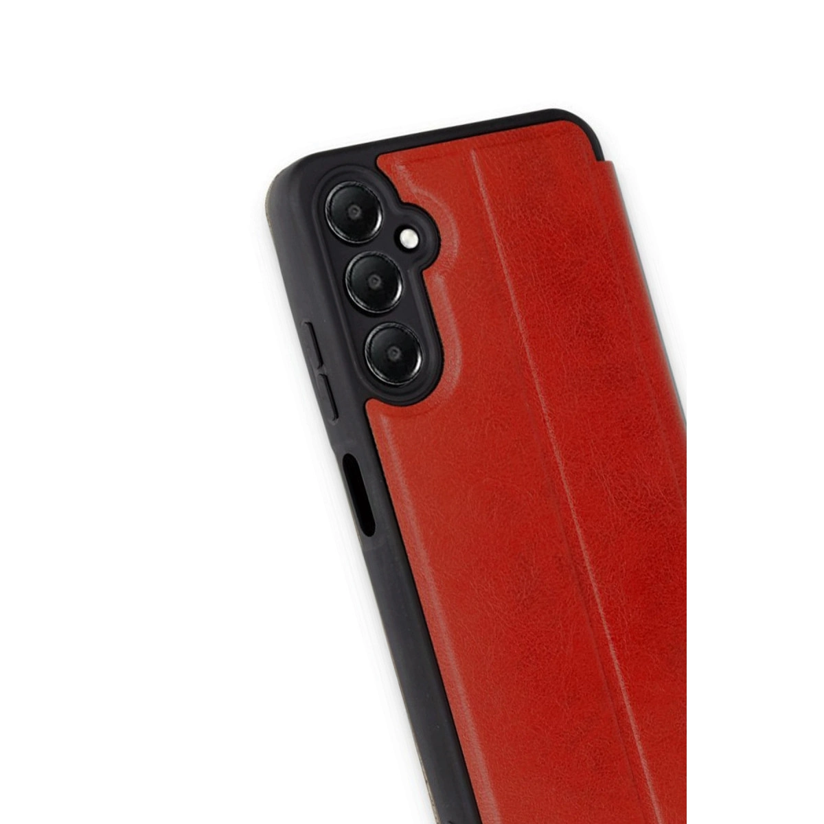Üç kamera lensli ve flaşlı kırmızı telefon kılıfı.