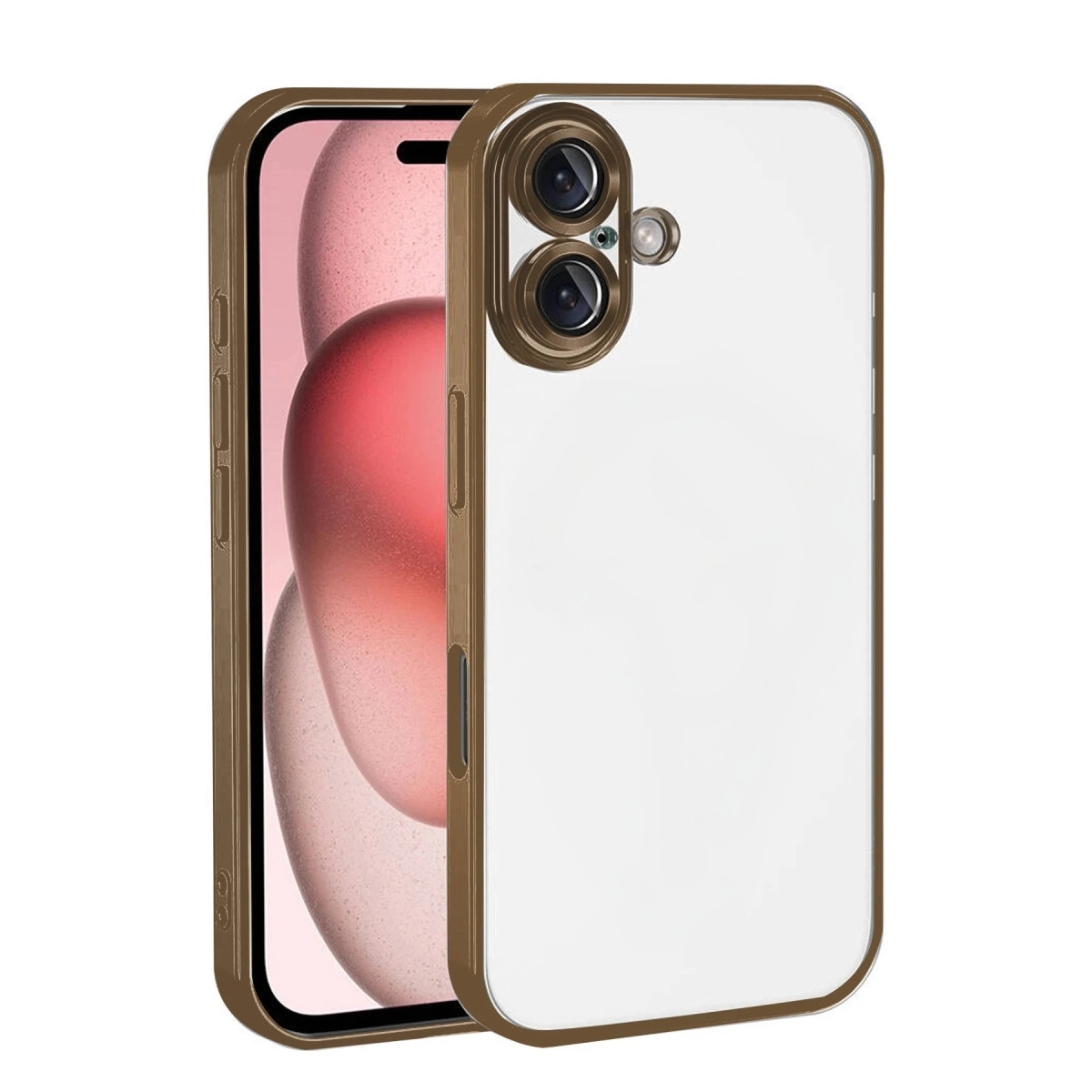 Bronz çerçeveli şeffaf telefon kılıfı, pembe ekranlı bir akıllı telefonu korur.