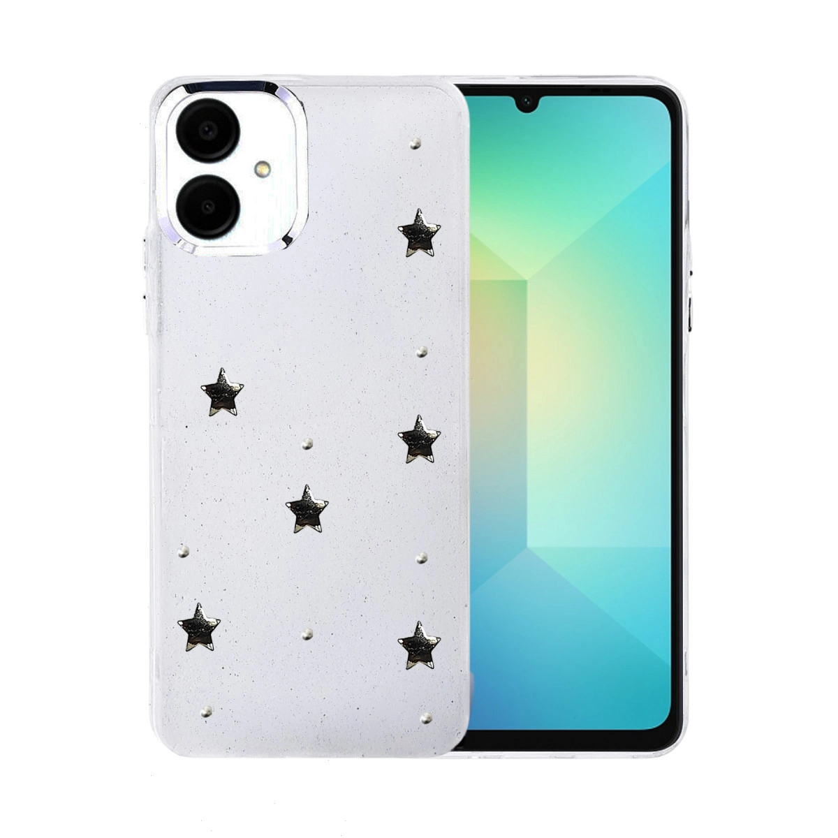 Sim ve yıldız aplikli şeffaf telefon kılıfı.