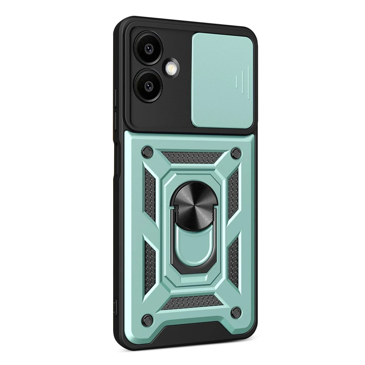 Kayar kamera kapaklı ve metal halkalı, teal ve siyah telefon kılıfı.