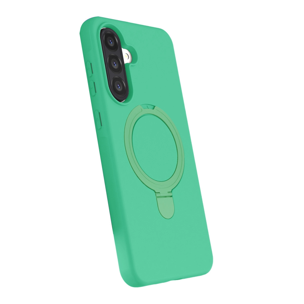 Yeşil telefon kılıfı, halka tutucu ve arkada üç kamera lensi.