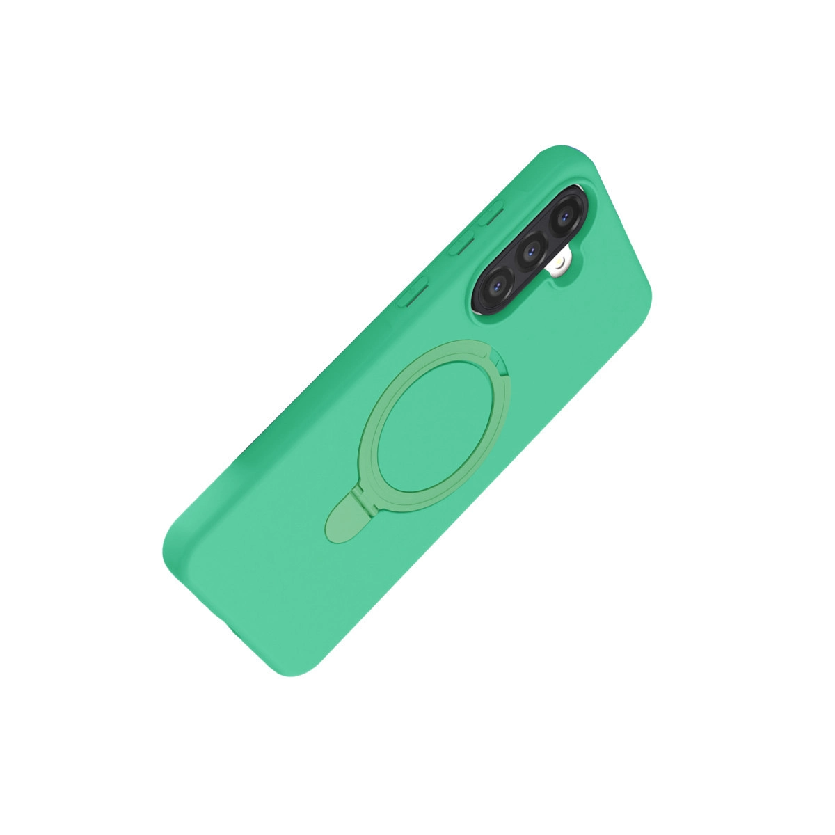Yeşil telefon kılıfı, halka tutucu ve üç kamera lensi.