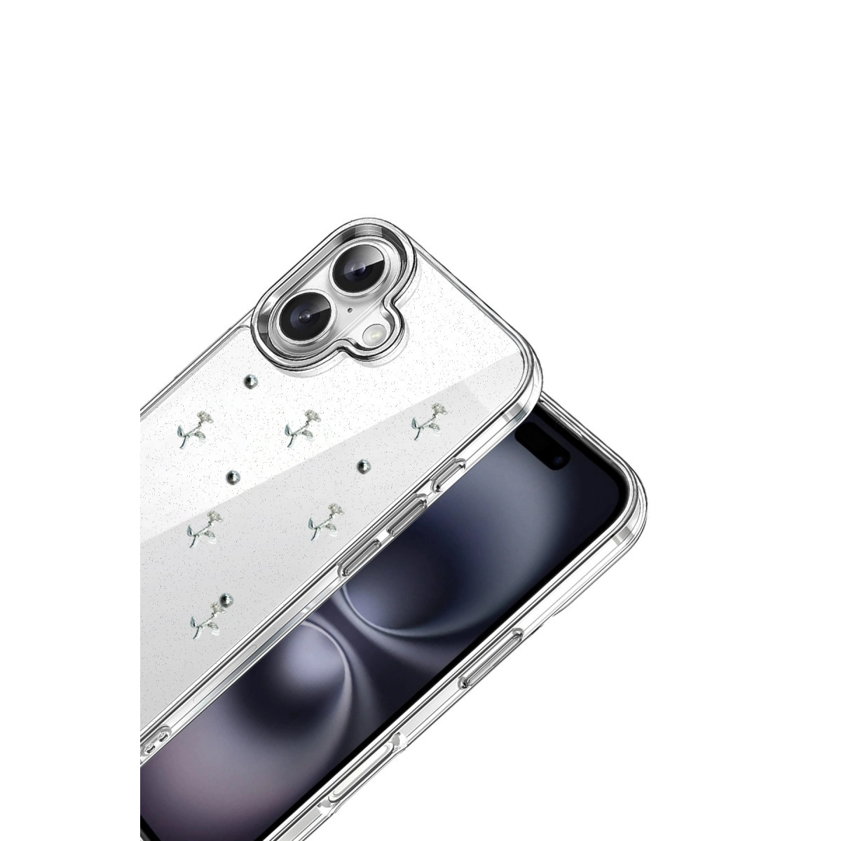 Simli ve çiçek desenli şeffaf telefon kılıfı, akıllı telefon üzerinde.