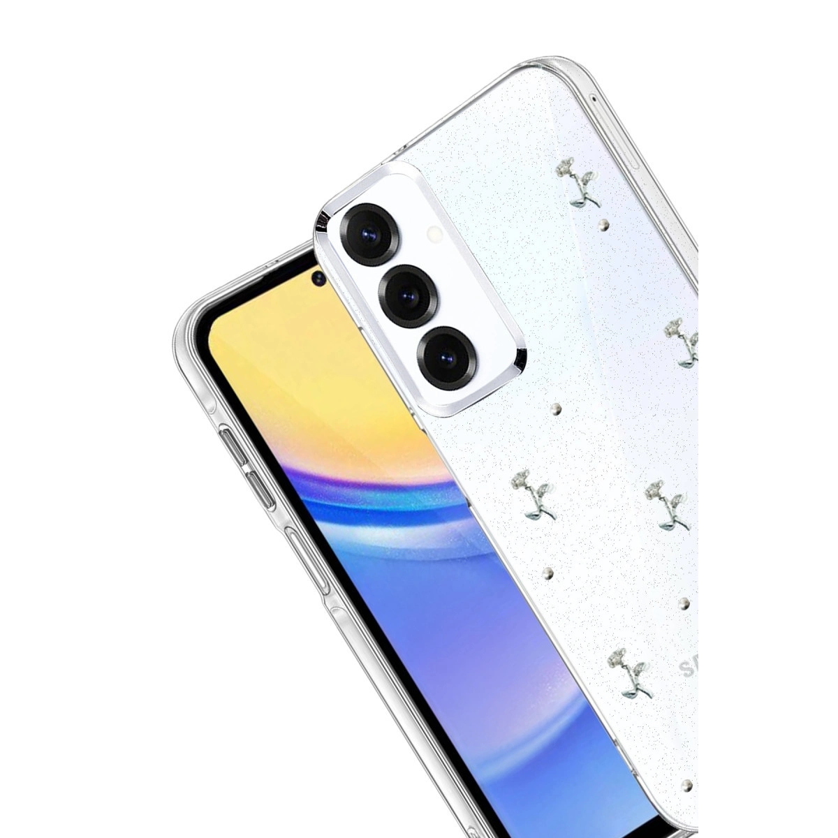 Telefonun üzerinde çiçek desenli şeffaf kılıf.