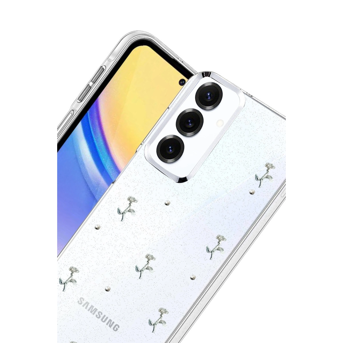 Beyaz bir telefonun üzerinde çiçek desenli şeffaf telefon kılıfı.