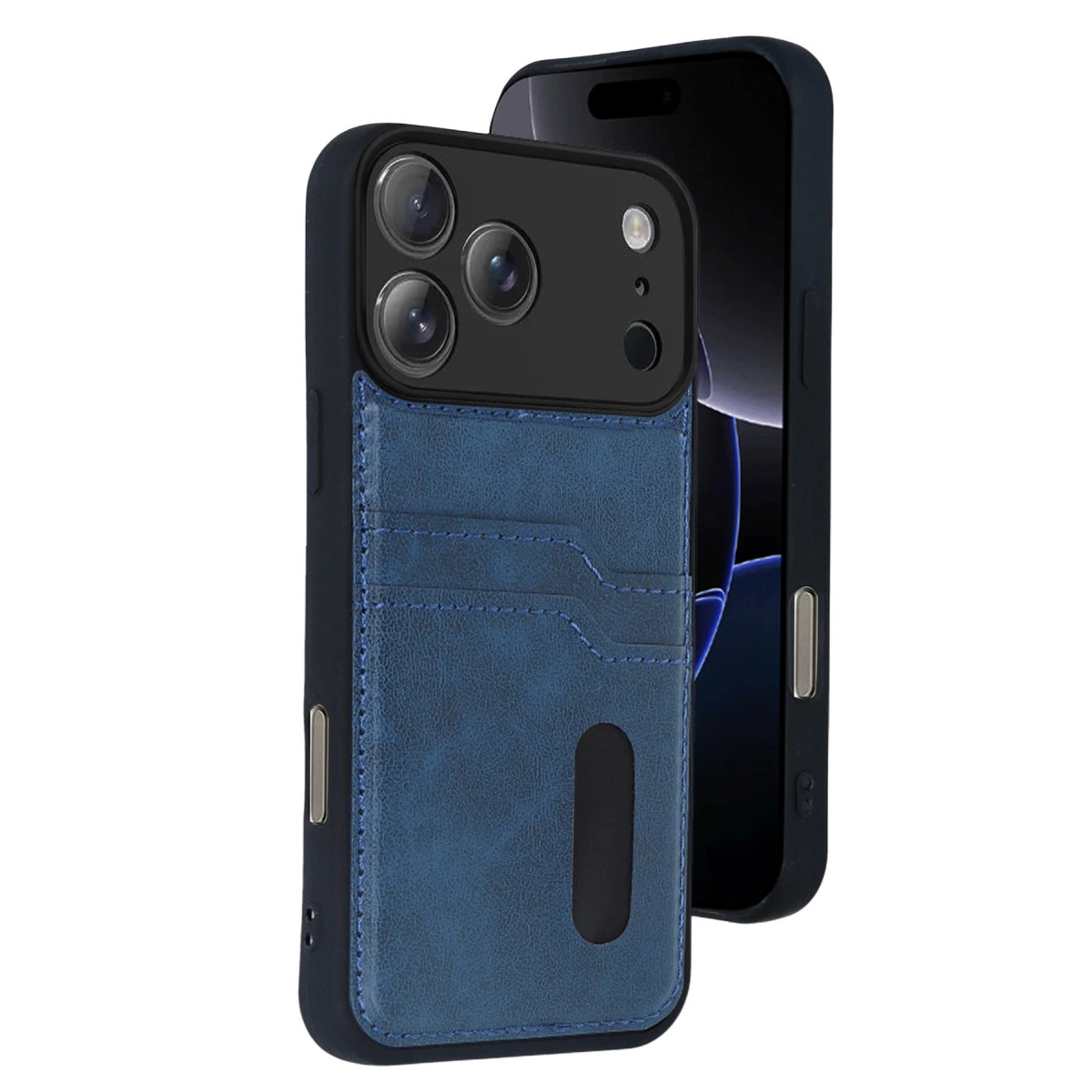 Kart tutuculu ve üç kamera lensli mavi telefon kılıfı.