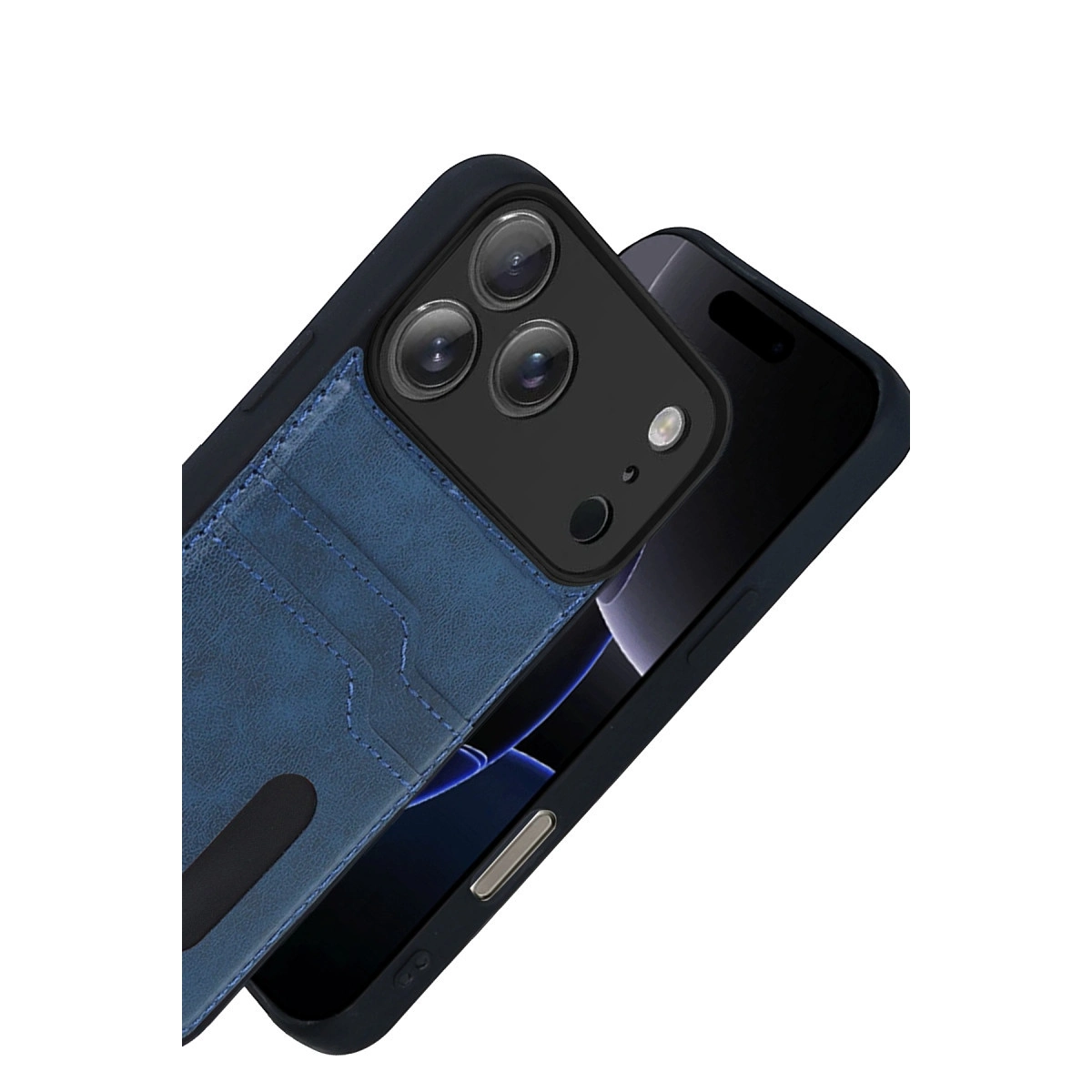 Siyah bir telefonda kart tutuculu mavi telefon kılıfı.