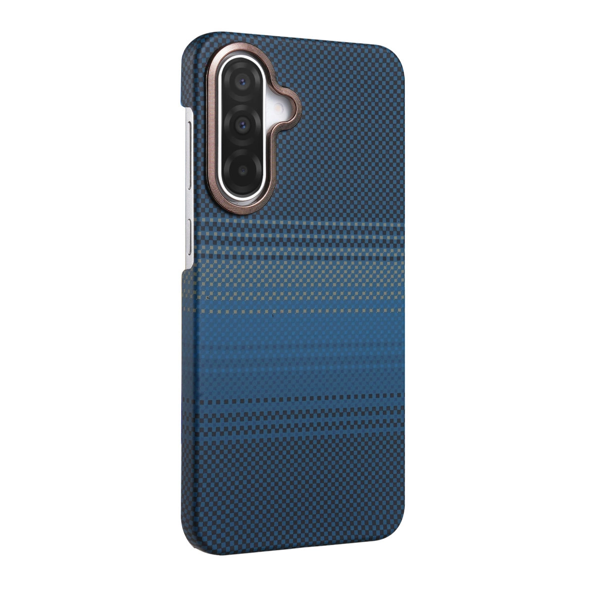 Üç kamera lensli, kare desenli mavi telefon kılıfı.