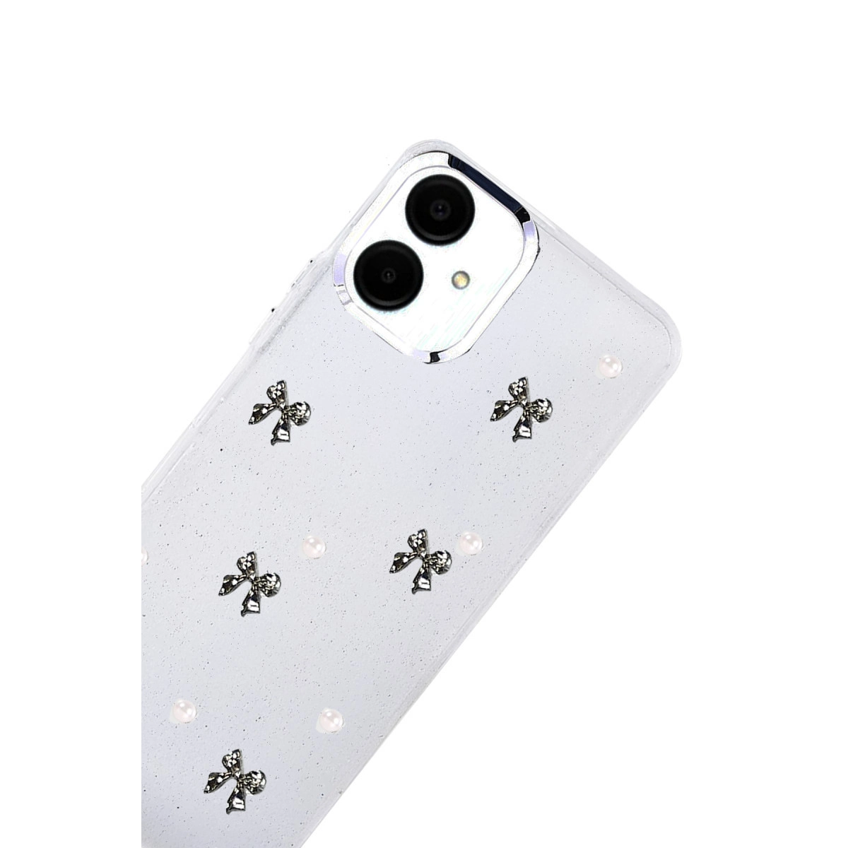 Fiyonklar ve incilerle süslenmiş şeffaf telefon kılıfı.