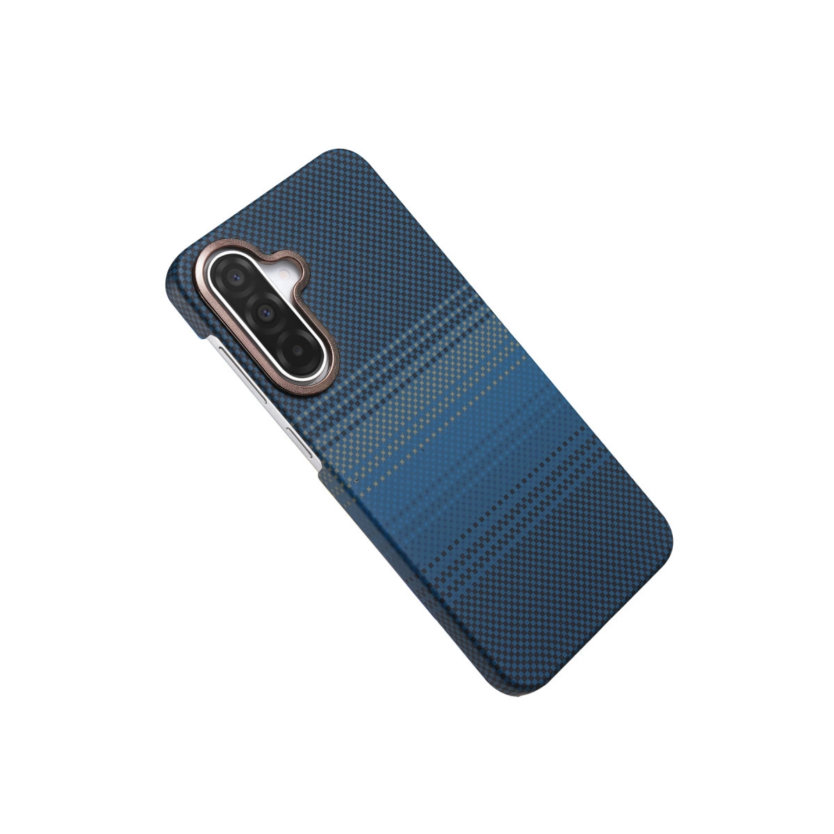 Kareli desenli ve kamera kesimli mavi telefon kılıfı.