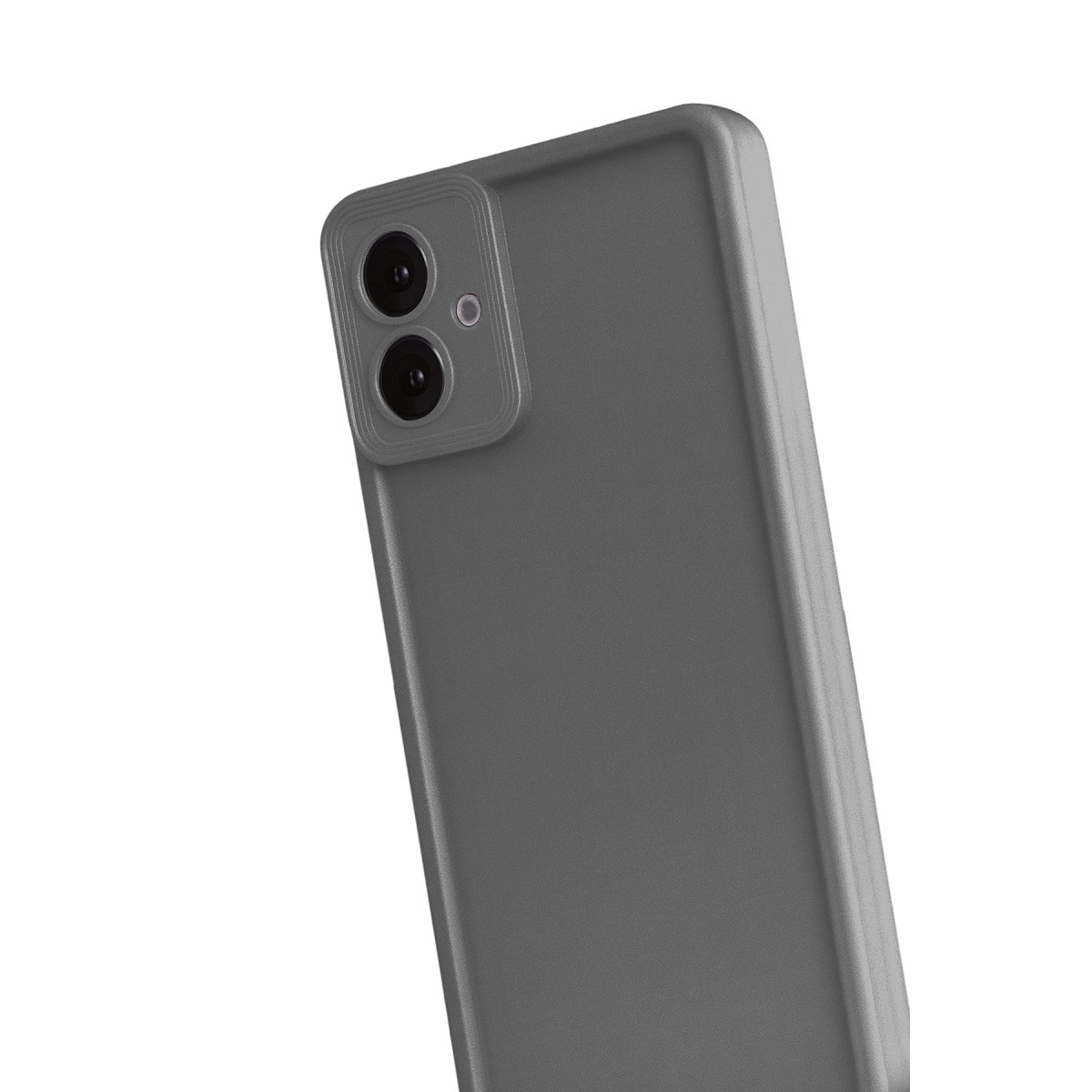Arkada iki kamerası olan gri akıllı telefon, beyaz zeminde.