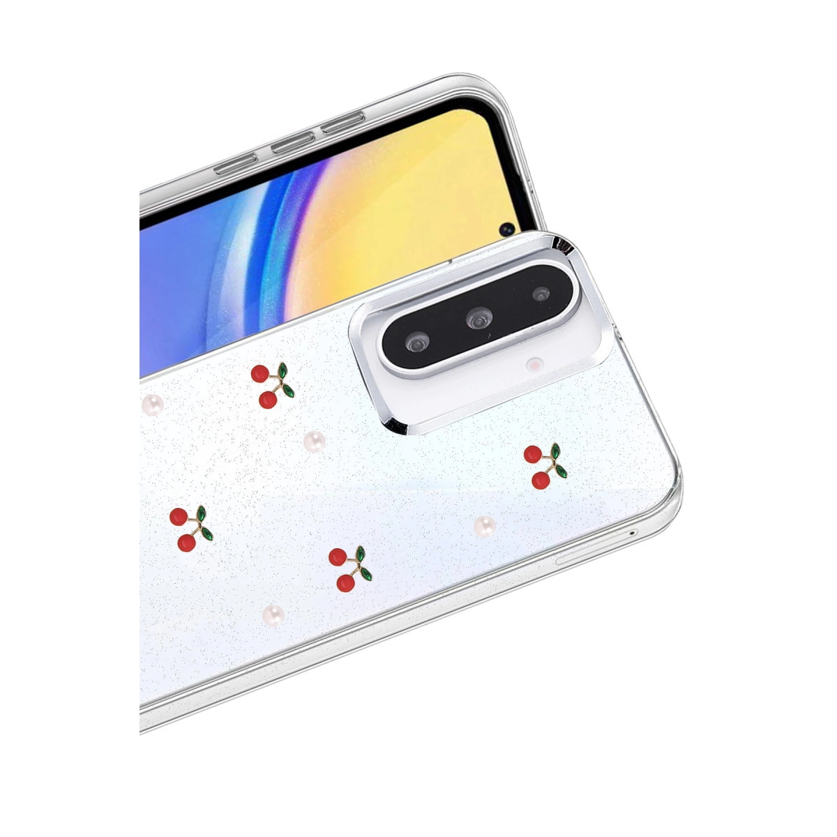 Kiraz ve incili şeffaf telefon kılıfı, beyaz arka plan üzerinde.